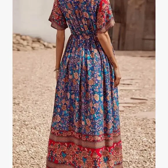 Blue Maxi Dress  Medium Colorful Floral Pretty Garden Boho Easter - Picture 3 of 9